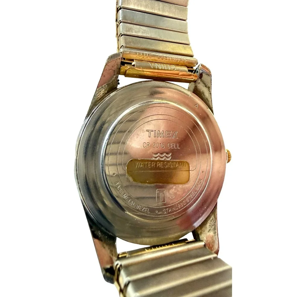 Timex Indiglo Day Date Quartz Watch Two Tone Fluted Bezel Stretch Band‎ Working